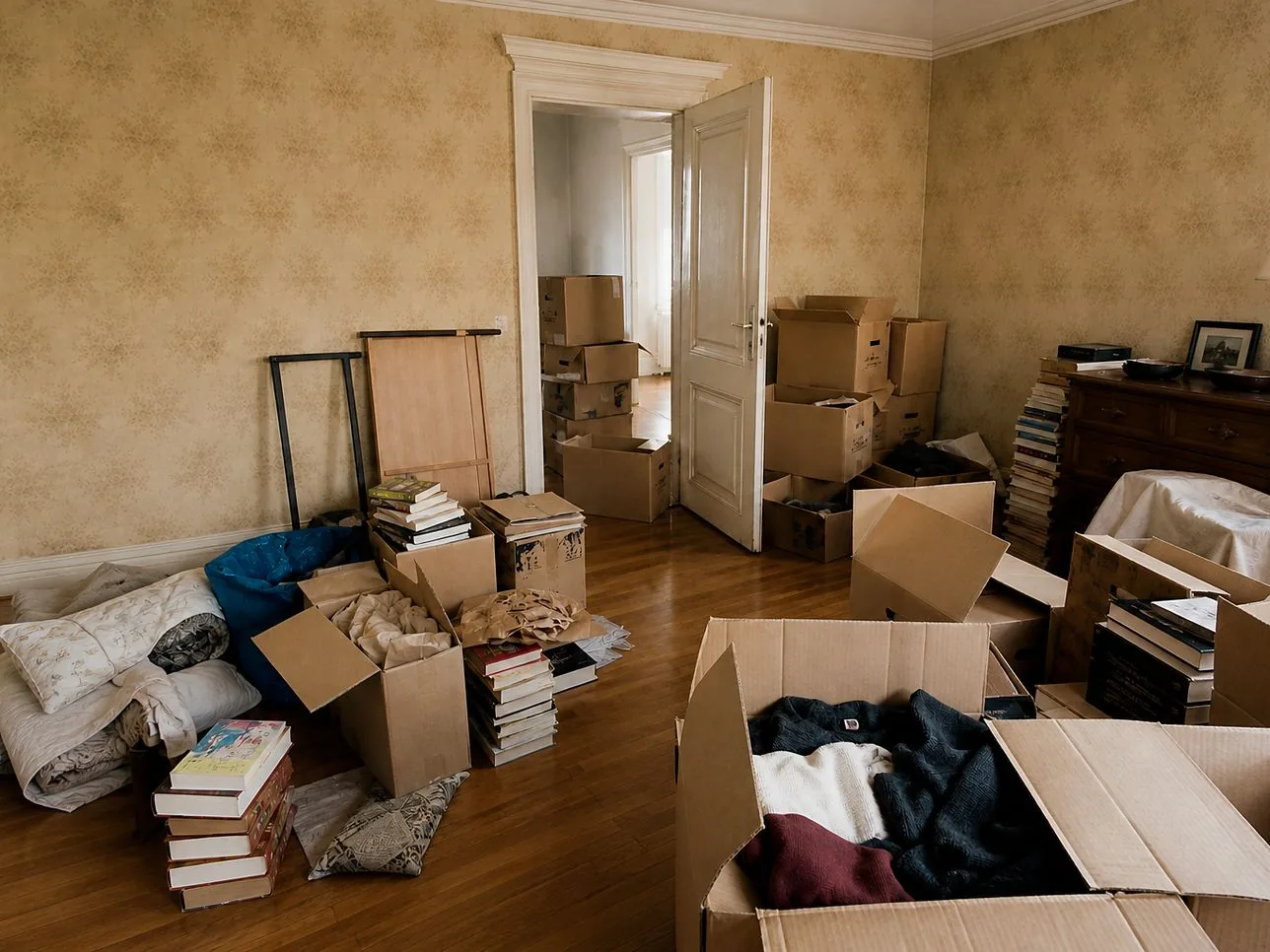 Vorher: vollgepackte Wohnung mit Kartons vor dem Umzug