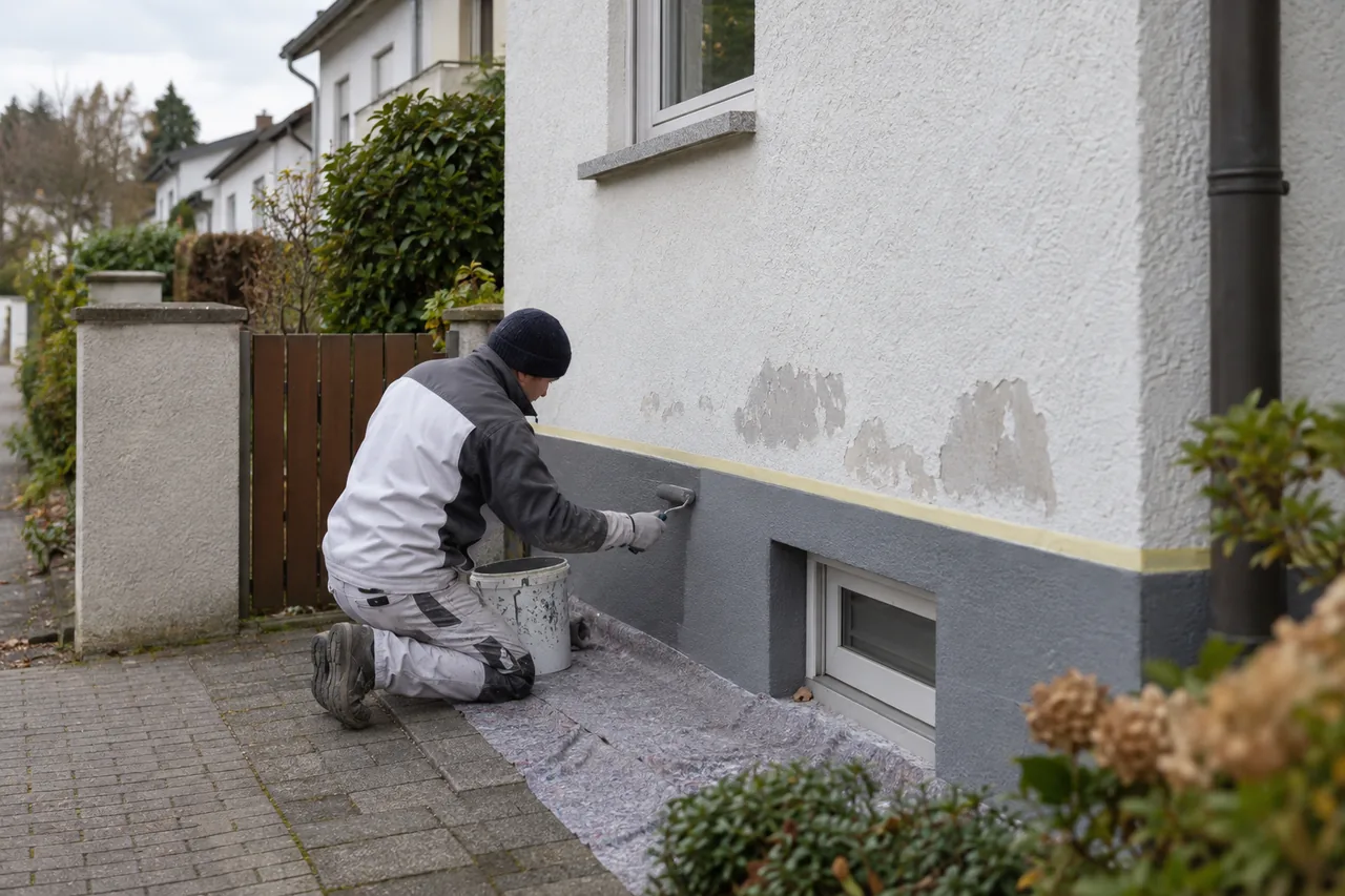 Kleine Fassadenarbeiten am Bestandshaus: Maler streicht ausgebesserten Außenputz und Sockel im Raum Böblingen