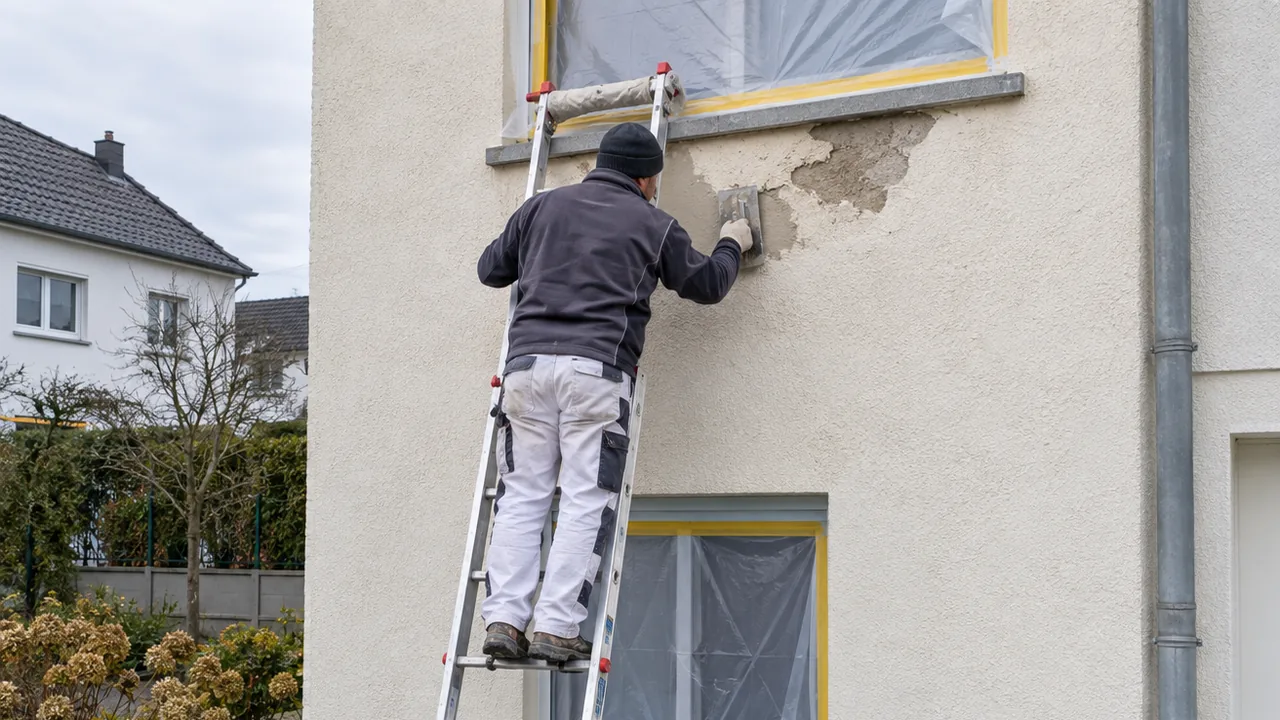 Fassadenputz ausbessern: Handwerker repariert eine abgeplatzte Stelle von einer gesicherten Leiter