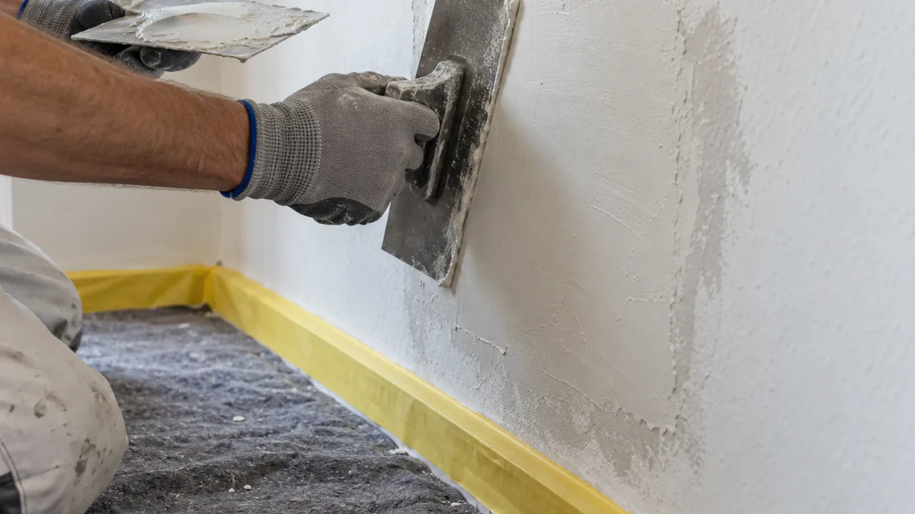 Putz ausbessern: Handwerker glättet eine beschädigte Innenwand vor dem Anstrich