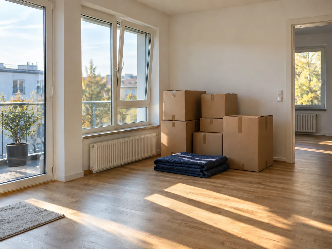 Vorbereitung auf die Wohnungsübergabe: besenreine leere Wohnung mit gestapelten Umzugskartons
