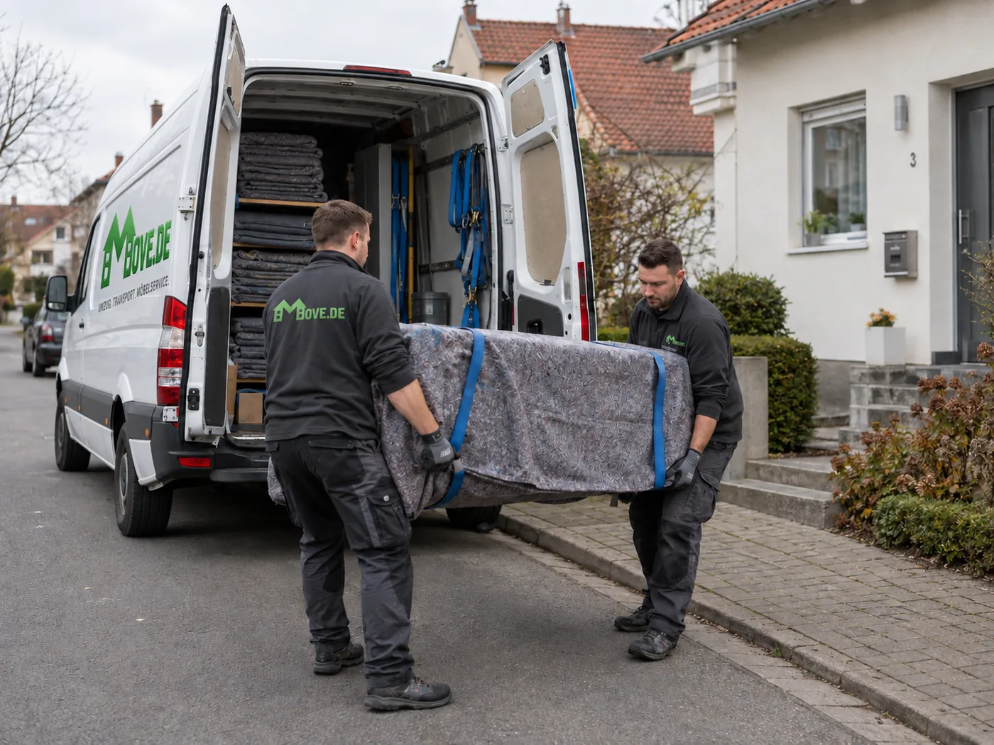 Umzug in Böblingen: Professionelle Umzugshelfer und Transporter vor einem Wohnhaus
