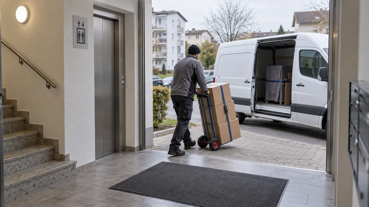 Kosten eines Umzugsunternehmens: Helfer schiebt gesicherte Umzugskartons auf einer Sackkarre zum Transporter