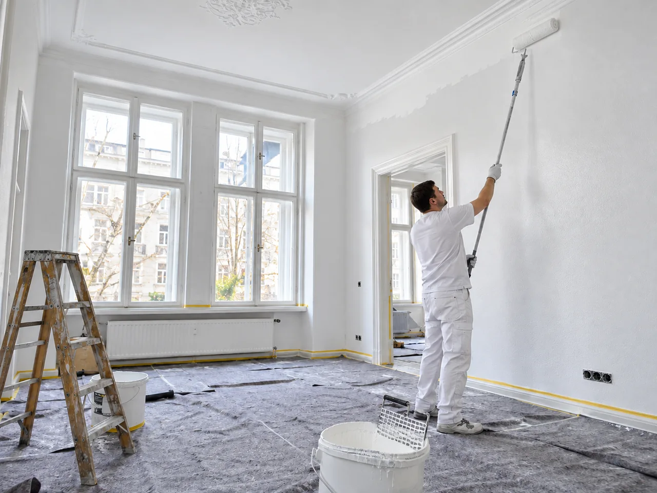 Malerarbeiten in Böblingen: Professionelles Streichen einer hohen Wand mit Malervlies auf dem Boden