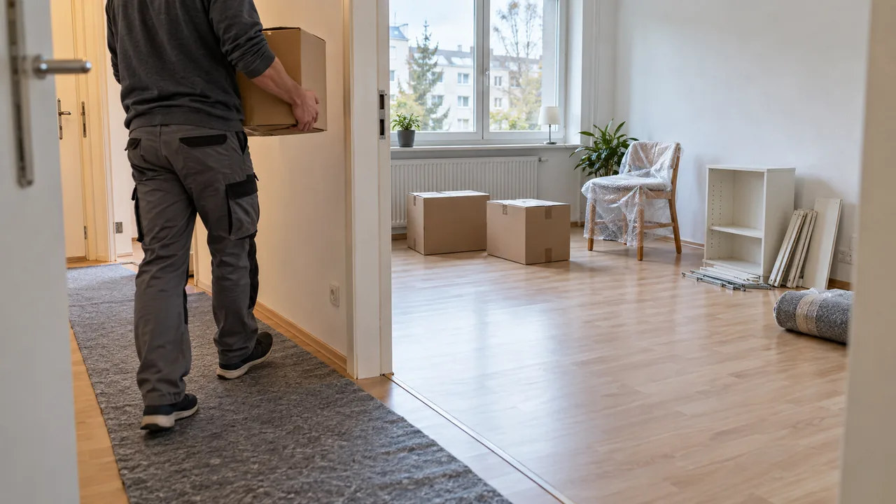 Wohnung leer räumen lassen: Helfer trägt einen Karton aus einer geordneten, teilweise geräumten Wohnung